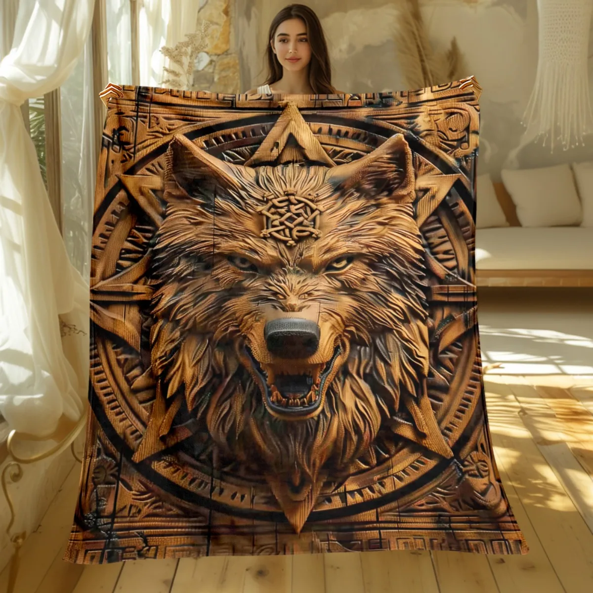 Wolf Tribal Pattern Wooden Carving Design 3D Print Fleece Blanket Soft Flannel Throw Men's Bedroom Decor Spirit Animal Gift