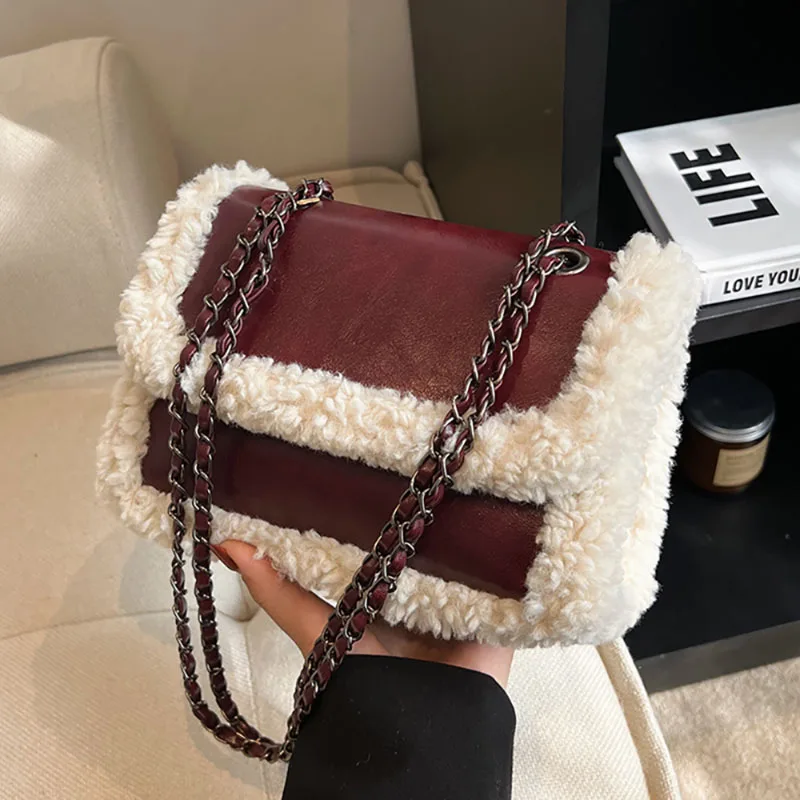 Korean Lamb Wool Splice Retro Chain Crossbody Bag Patent Leather Glossy High-End Texture Shoulder Bag Women New Portable Handbag