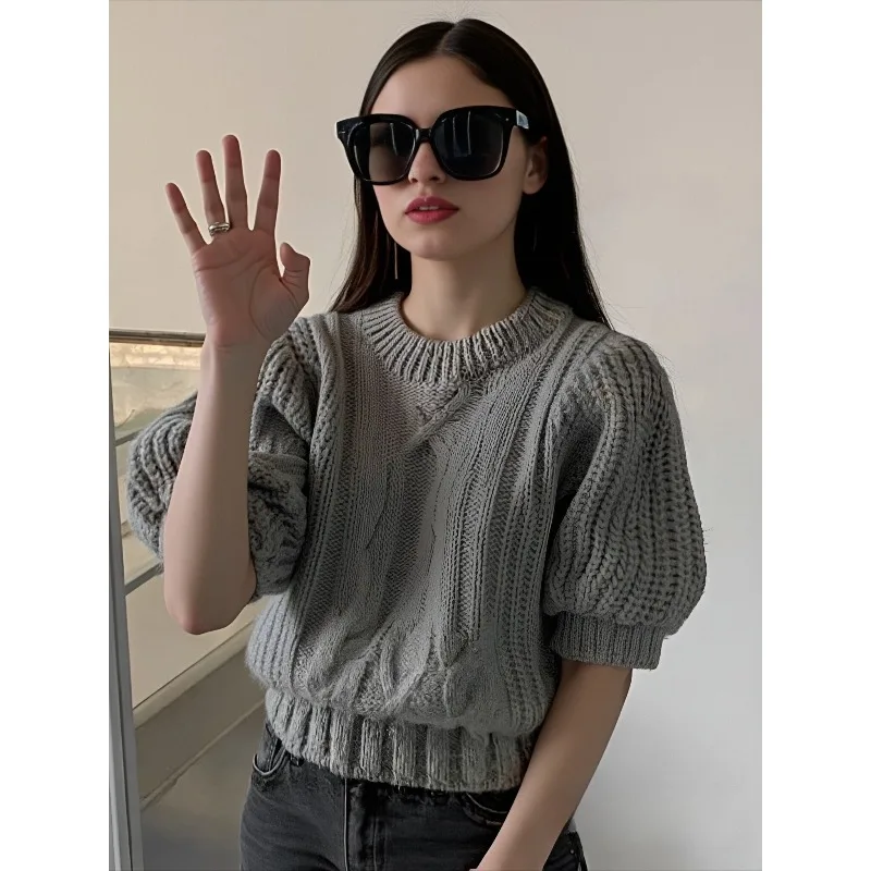 

Chic Short Fried Dough Twists Retro O Neck Puff Short Sleeve Women's Knitting Top Summer Korean Fashion Sweet Pullover Sweater