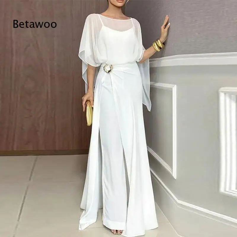 Women's Solid Color Chiffon Cape Top and Wide Leg Jumpsuit Set, Elegant V-Neck Two-Piece Evening Gown for Summer Party