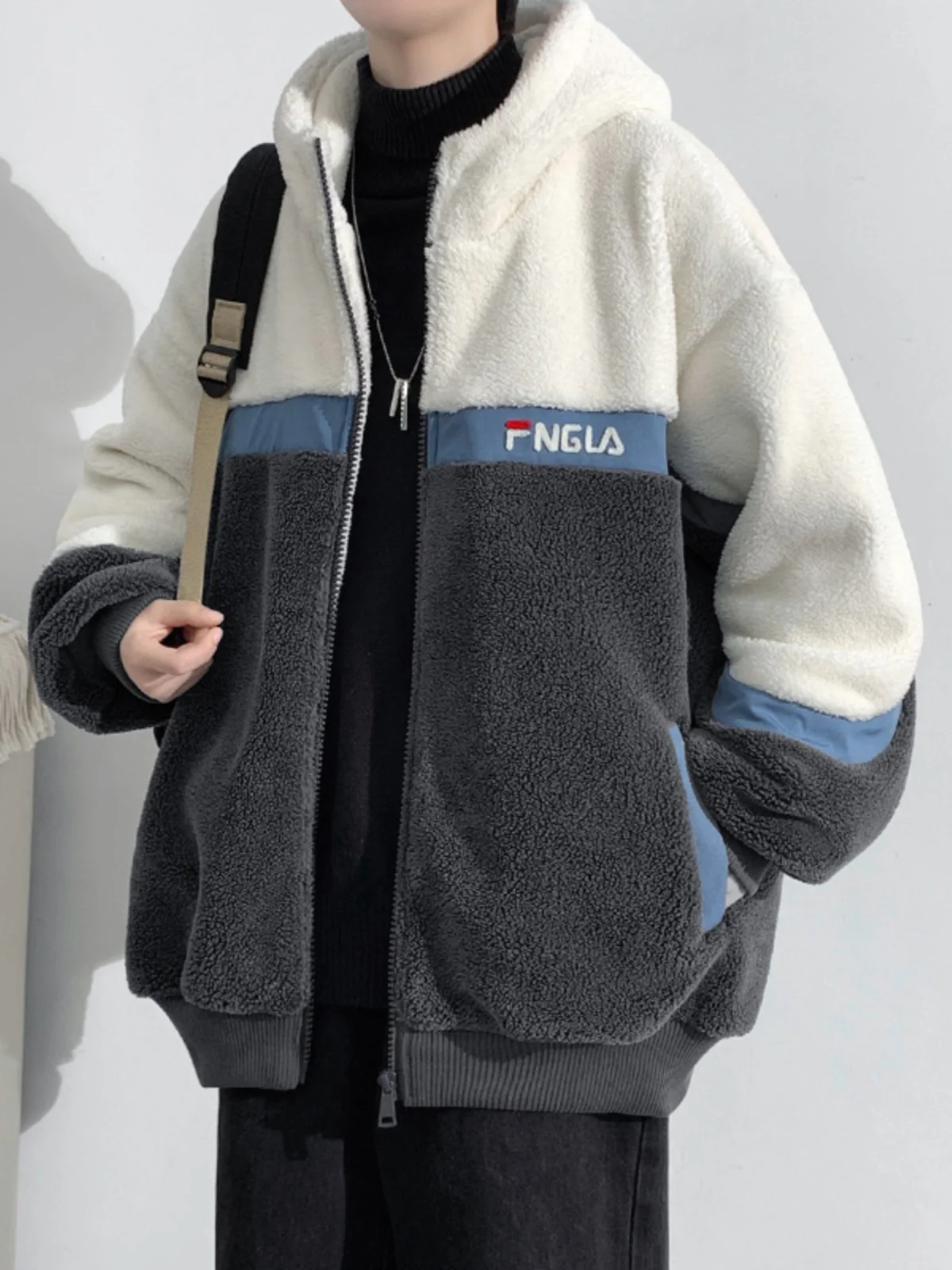 

Ультратеплая мужская зимняя куртка из овечьего бархата с геометрическим узором, на молнии, с капюшоном, повседневная, свободного кроя, для подростков