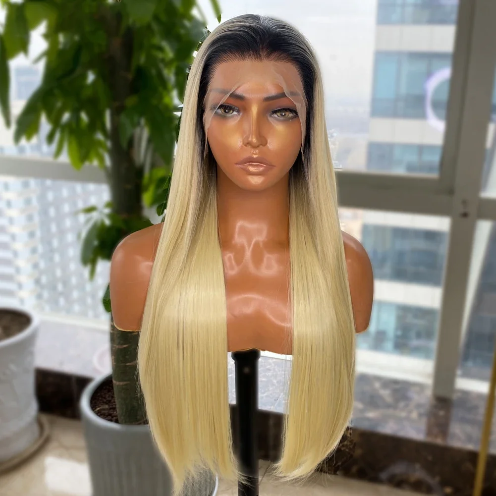 Weiche natürliche 26 Zoll 180 Dichte lange Ombre blonde gerade Spitze Front Perücke für Frauen Babyhair vor gezupft tägliche leimlose Mode