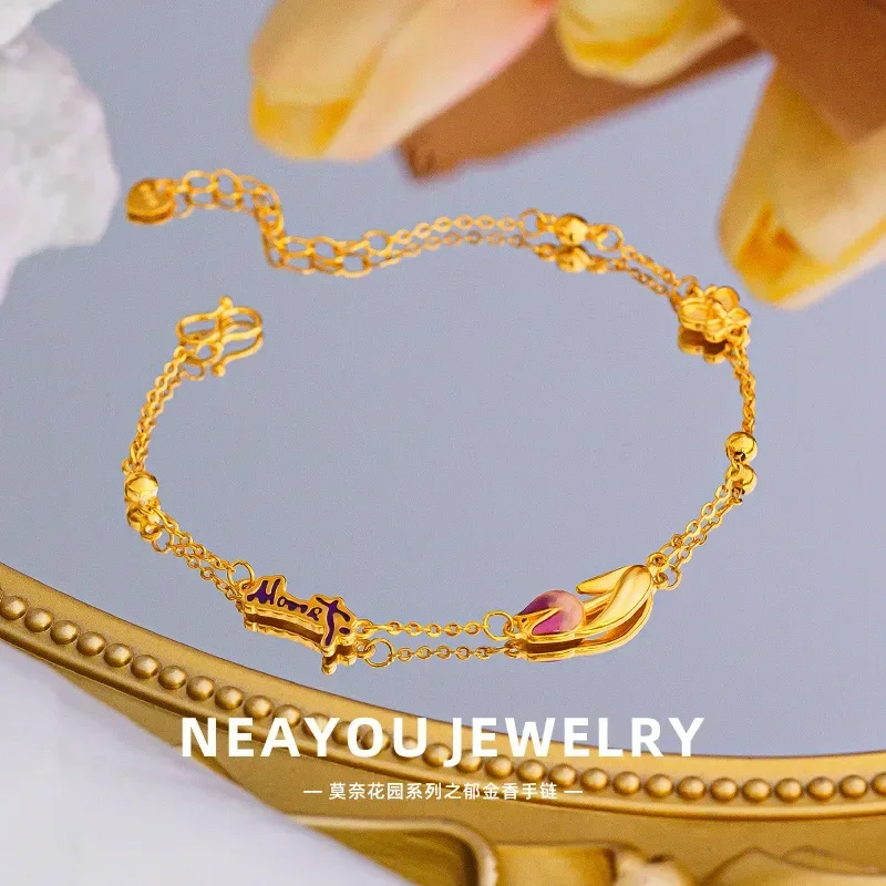 

9999 Real Gold 24K French Enamel Monet Garden Tulip Bracelet, Premium Flower Bracelet, Women