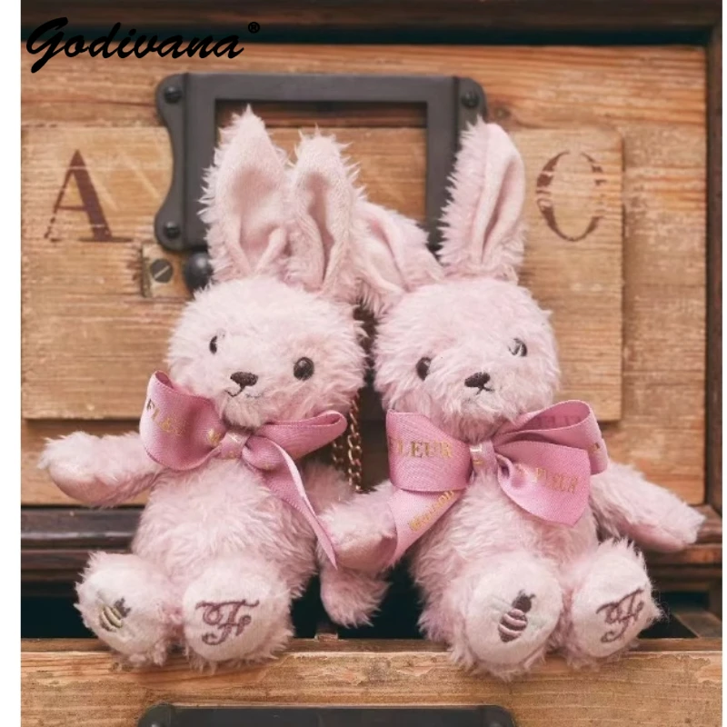 Japanese 2024 Spring New Foot Cherry Blossom Embroidery Cute Rabbit Bear Plush Doll Ornaments Girls Cute Bag Charms Pendant