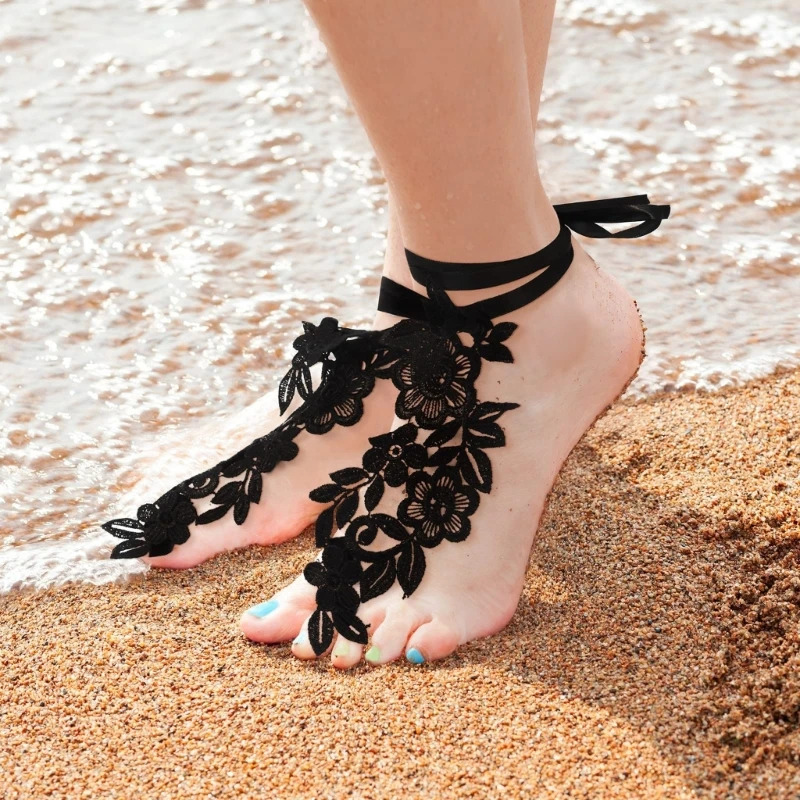 Sexy Lace Bridal Barefoot Sandals Floral Embroidery Anklet with Toe Ring Slave Anklet Summer Beach Foot Jewelry