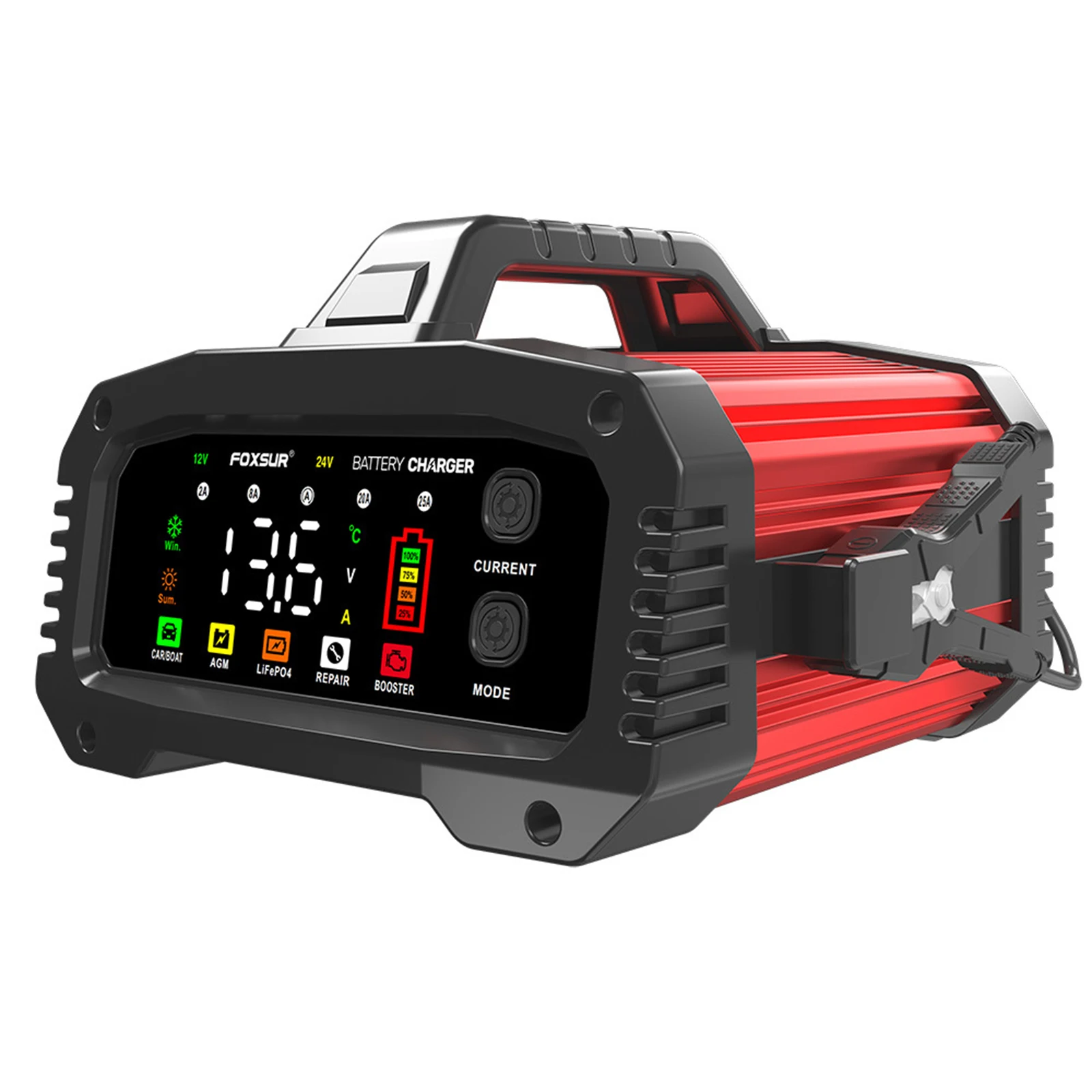 FOXSUR 25A Smart Car Battery Charger 12V/25A 24V/15A Portable Battery Charger Optional Charging Current Aluminum Alloy Shell