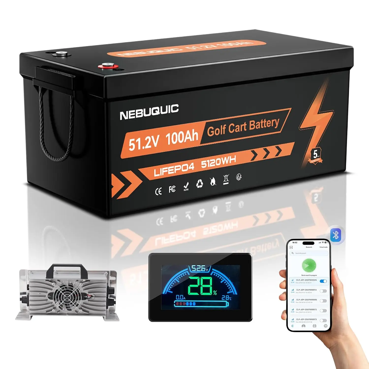 LiFePO4 Lithium Battery for Golf Cart,  volt golf cart batteries with Bluetooth&APP, Custom