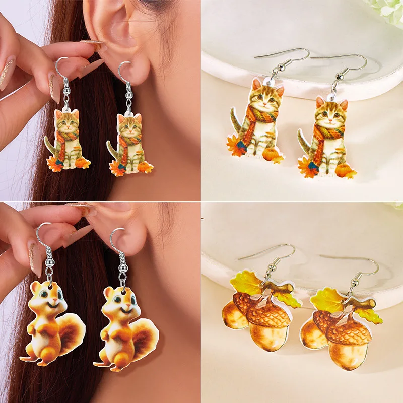 New Fashion Versatile Autumn Squirrel Pineapple Acrylic Stud Earrings Women's Personality Cat Earrings