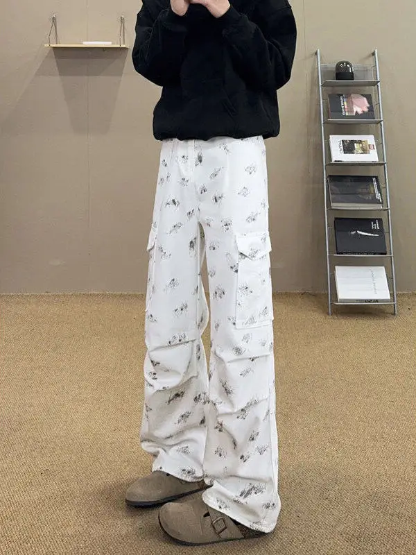 American Sle Tie Dye Print Men's Jeans Casual Straight Leg Workwear Pants Loose Fit Spring High Street Trendy Brand