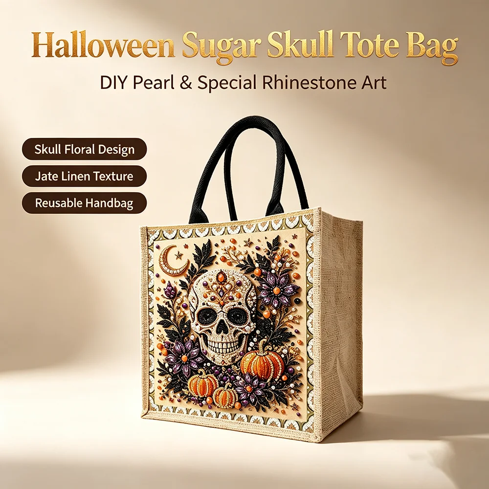 Halloween Jute Shopping Tote Bag 5D Diamond Painting Sugar Skull Pearl Rhinestone Reusable Grocery Bag Linen Fashion Handbag