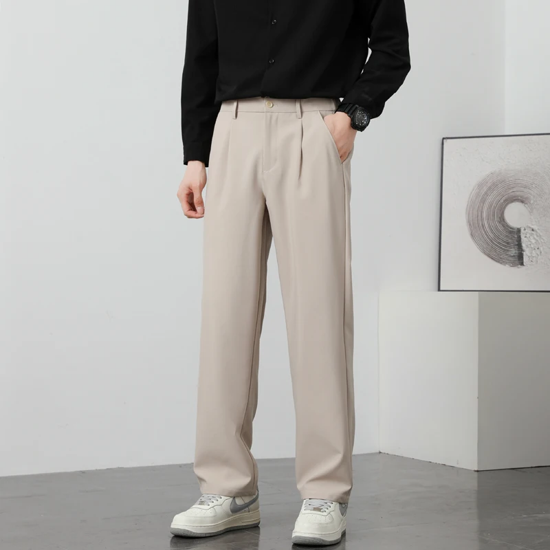 

2026 Men's Loose Suit Pants Classic Straight Solid Color Drape Elastic Business Office Worker Casual Trousers Brown Khaki Gray
