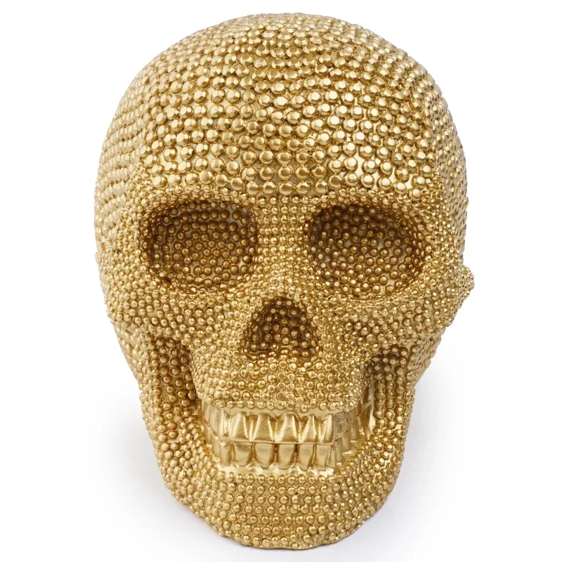 1pc, Resin Sparkling Golden Skull Statue With Intricate Detailing For Office Decoration Or Halloween Party