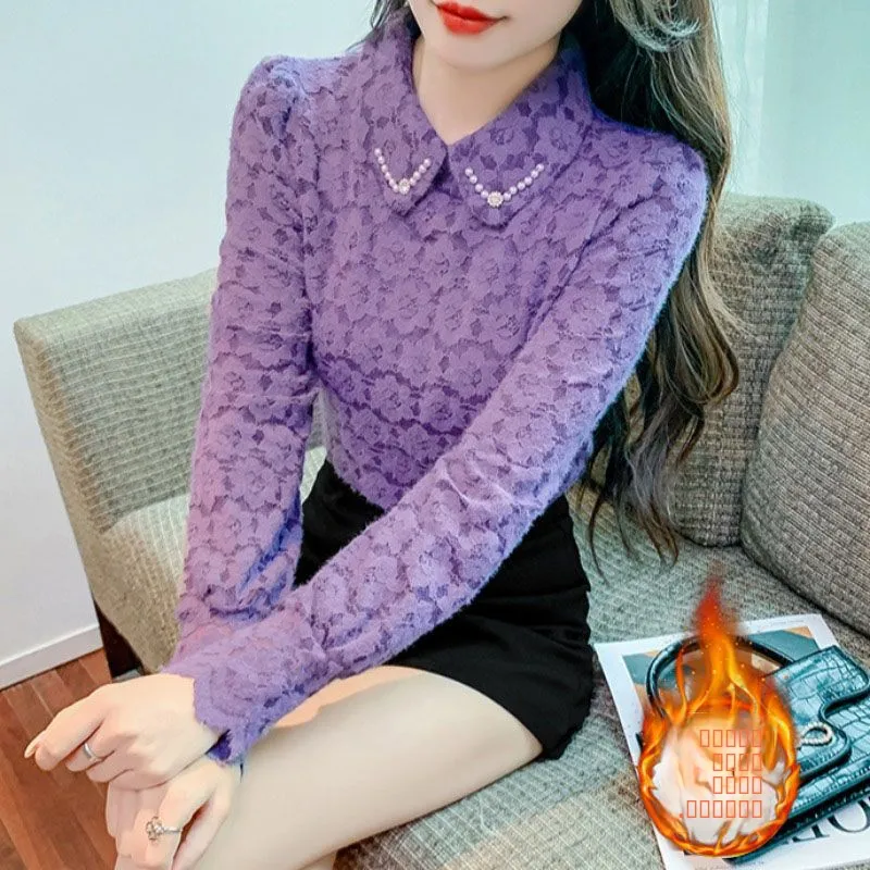 

Ele Fce Lined Thiened Lace Base irt Women's Autumn Winter 2025 New Versatile Beaded Doll Collar Long Sve Top