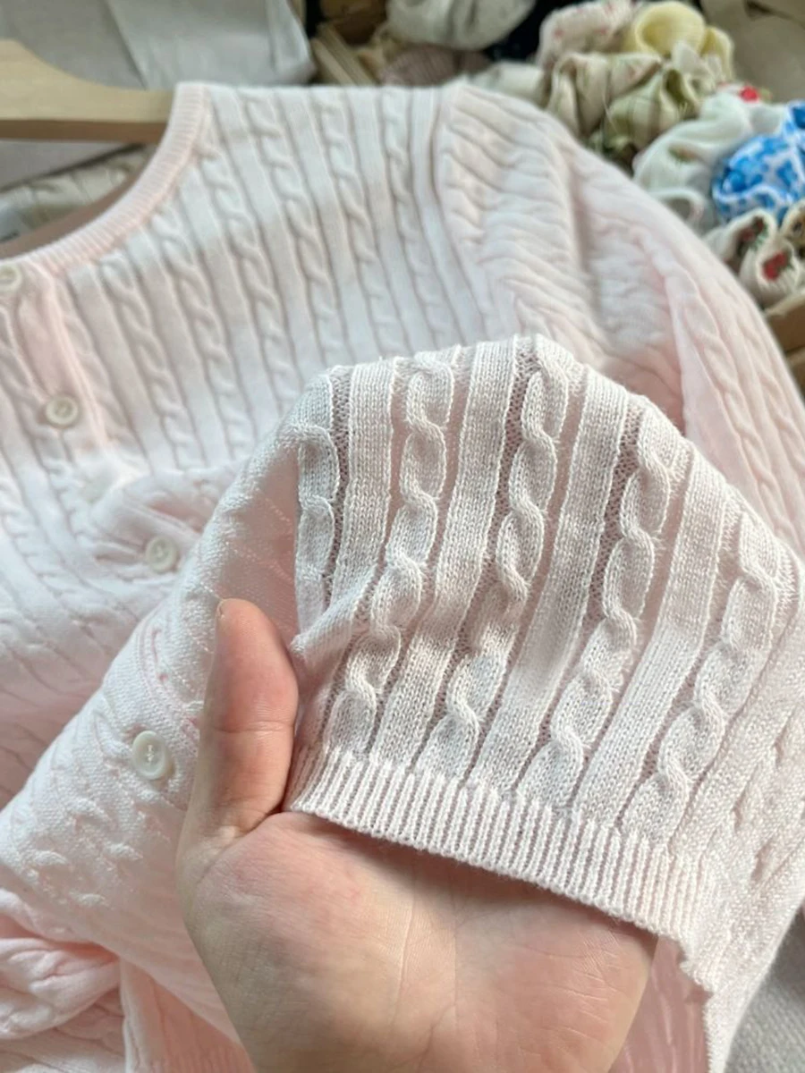 Twist Flower Baby Pink Sweater Cardigan Woman Autumn O-neck Single Breasted Long Sleeve Crop Top Cotton Sweet Cute Knitwear Tops