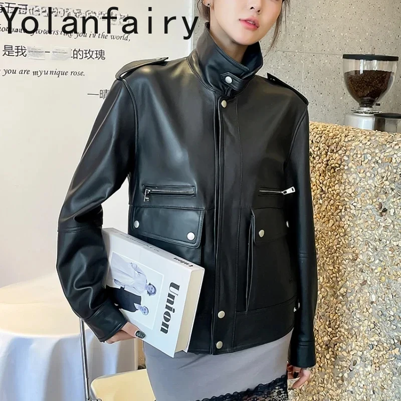 Real Leather Jacket Women Autumn Winter 100% Genuine Sheepskin Coat Standing Collar Fashion Motorcycle Outerwears Chaquetas