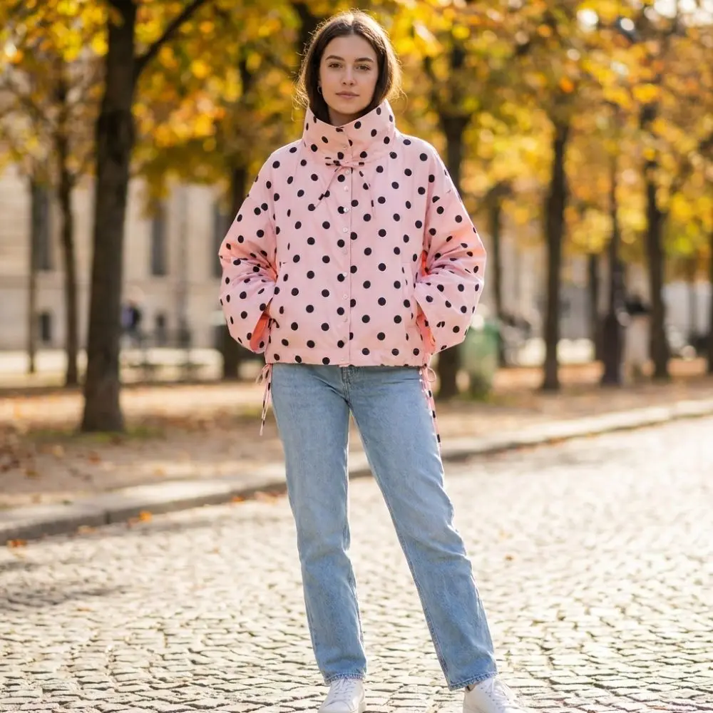 

Casual Pink Polka Dot Jacket Single Breasted Long Sleeve Short Coat Oversized Drawstring Design Lace Up Coat Women