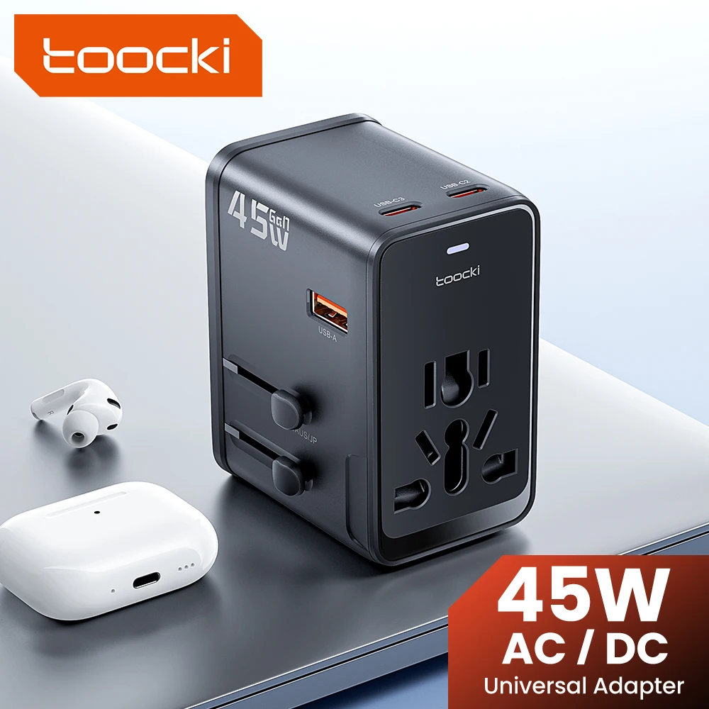 Toocki GaN 45W Universal Travel Adapter Worldwide With 1 AC Outlet 1 USB 3 Typ-C All-in-One Travel Charger EU/US/UK/AUS Plug