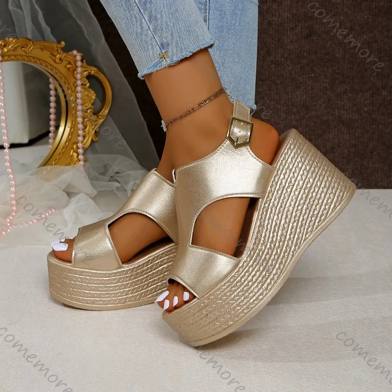 Open-toe Slope Sandals Leather Strap Roman Shoes 2026 Summer Fashion Lightweight Thick Sole Non-slip High Heels Women's Shoes