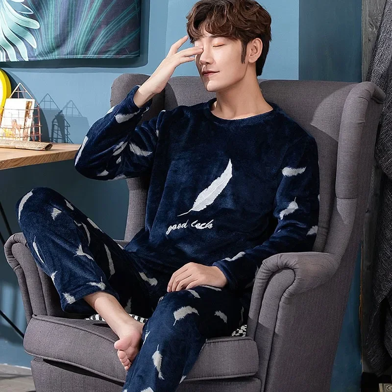 

Thickened Warm Winter Flannel Pajamas Men Padded Long-Sleeved Long Trousers Letters Sleepwear Homewear Two-Piece Set Nightwear