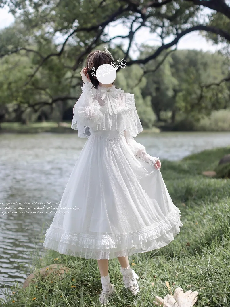 Y2k الأصلي الأبيض النقي الكلاسيكي أنيقة فستان غزل مدبب اليابانية لوليتا نمط الأبيض ضوء القمر كيب شال فساتين طويلة الأكمام