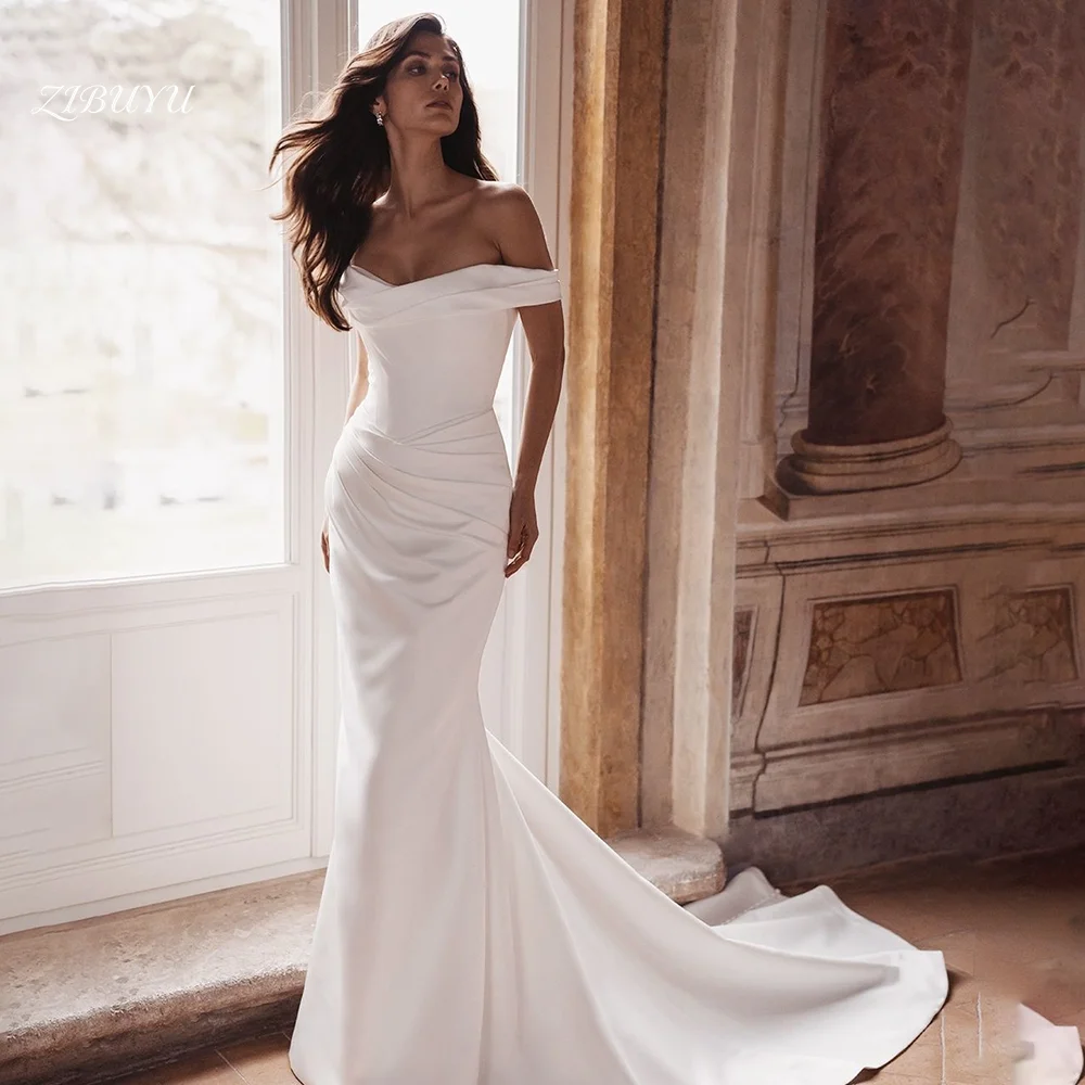 

ZIBUYU Customized Elegant Luxury Wedding Dress Off Shoulder Sweetheart Sleeveless Neck Ruched Satin Mermaid Back Bow Bridal Gown