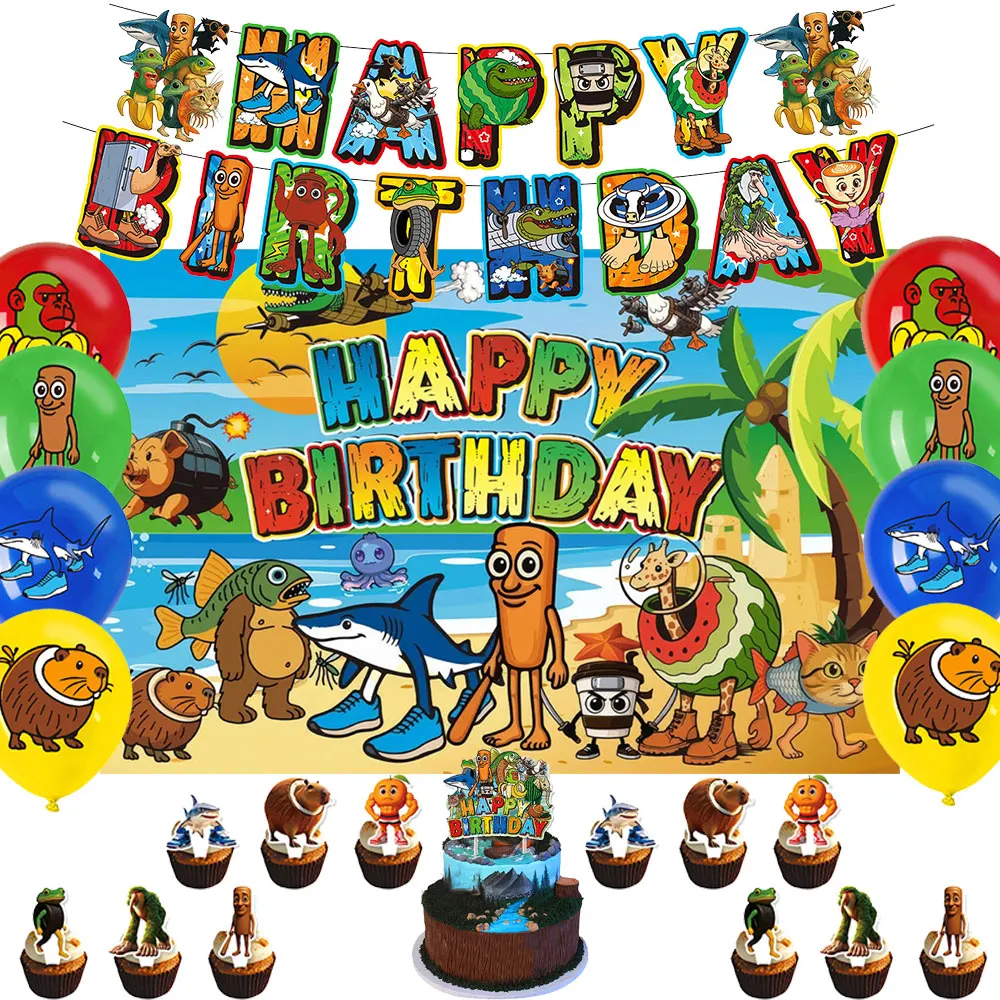 

Italian Brainroted Tung-Tung Sahur Birthday Party Decoration Funny Meme Anime Cake Top Balloon Background Banner For Kid's Gifts