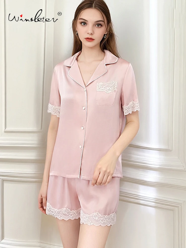 

Winsleter-16MM 100%Real Silk Elegant Women Pajama Set, Short Sleeve Lace, French Sweet Shorts Homewear, 2025 Autumn New S59033CC