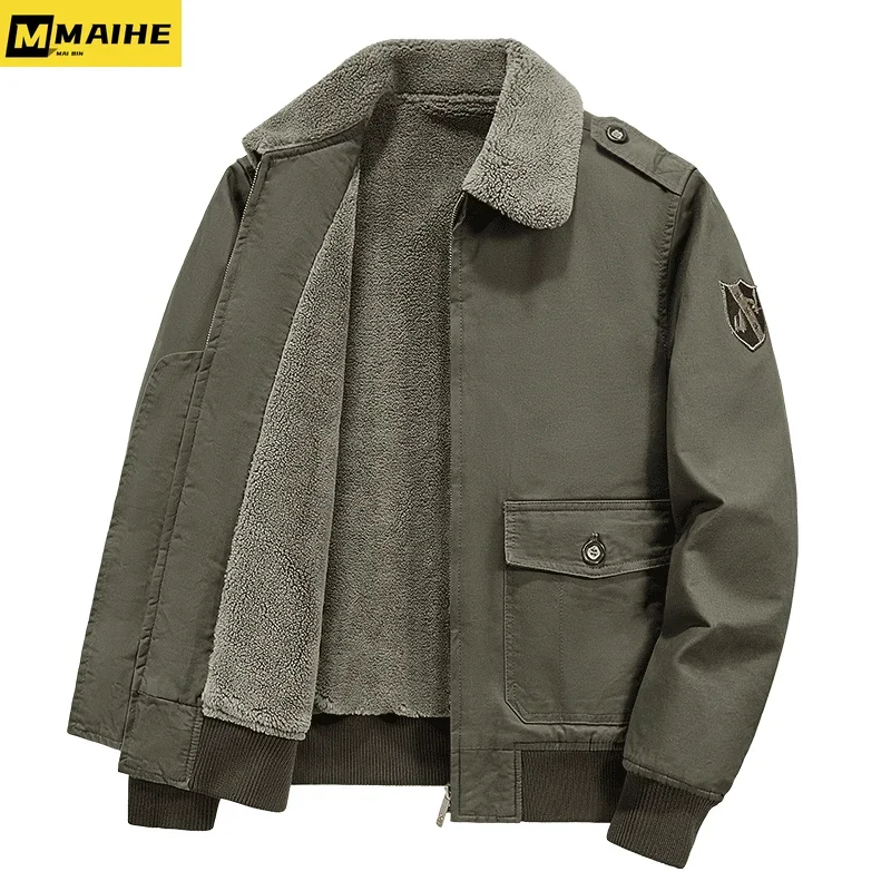 

Autumn/Winter MA-1 Men's Cargo Jacket Thickened Warm Wool Lined Army Green Baseball Coat Plus Size Vintage Cotton Jacket For Me