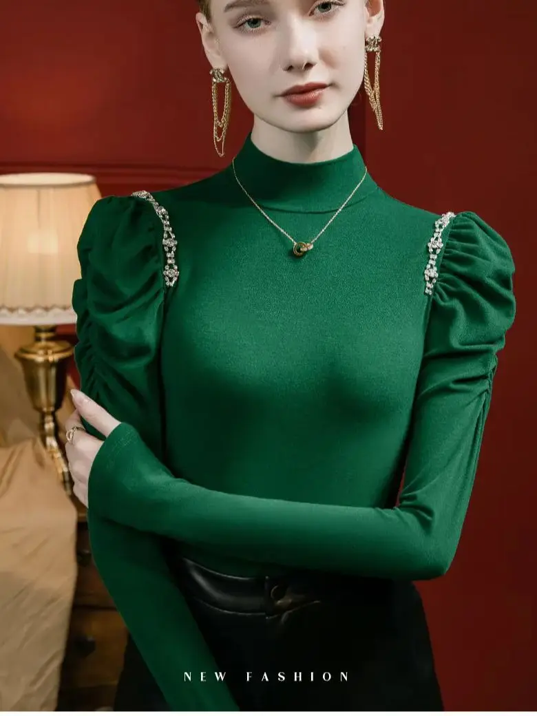 Chic 2025 Autumn Winter Women's Mock Neck T-shirt Elegant Puff Sleeve Slim Fit Layered Top with Delicate Details