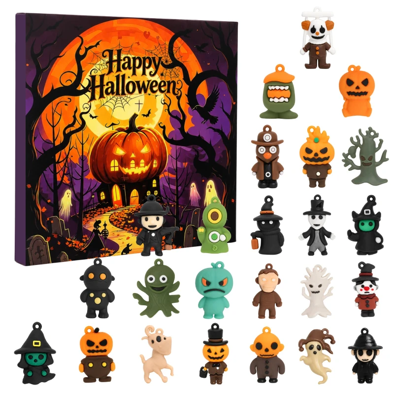 Halloween Advent Countdown Calendar Blind Box 24 Mini Spooky Figurines Keychain Charms Surprise Desk Decor Party Favors Gift