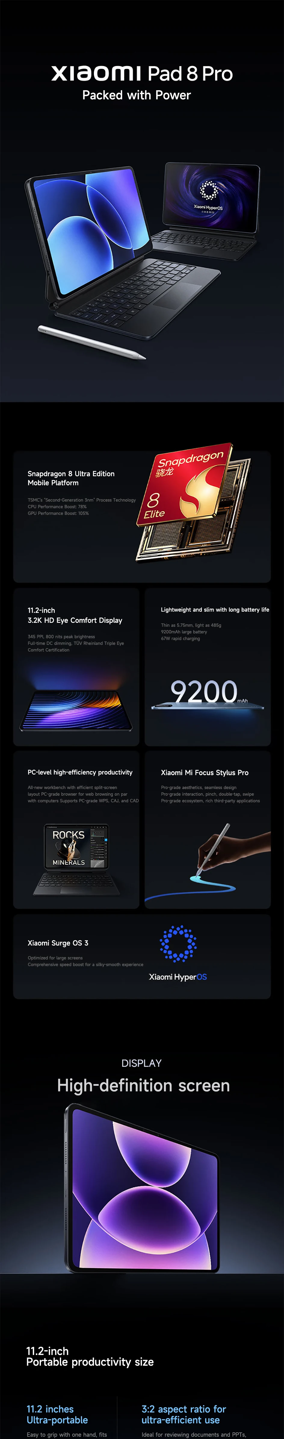 Xiaomi Pad 8 Pro 2025 11.2-inch 3.2K Display Snapdragon 8 Ultra Edition Xiaomi HyperOS 3 144Hz 9200mAh Battery Tablet