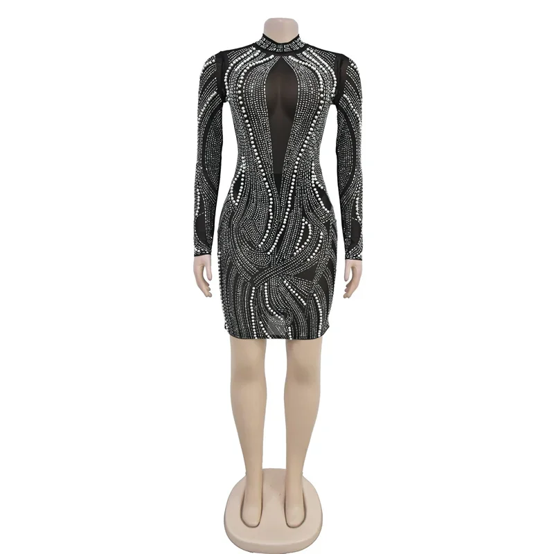 New Fashion Luxury Women Long Sleeve Bodycon Sheer Mesh Diamonds Pearls Sexy Party Dress Black Mini Rhinestone Night Club Dress