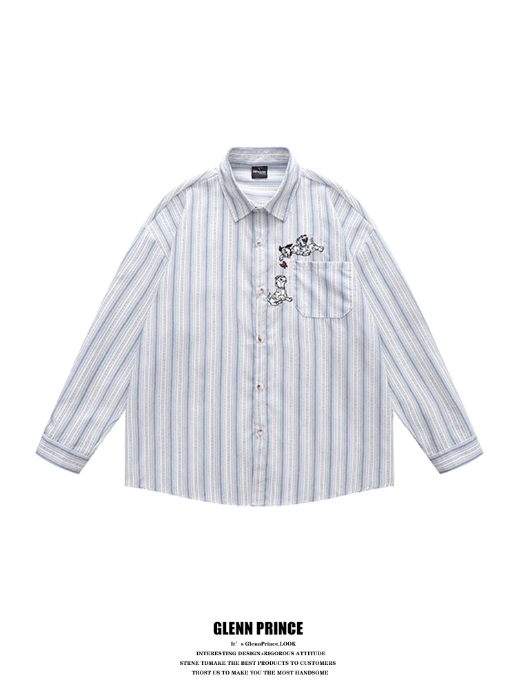 

Loose Fit Long Sleeve Embroidered Dog Spot Pattern Men's Shirt Vertical Stripes Autumn Season Comfortable Feel Cotton Polyest...