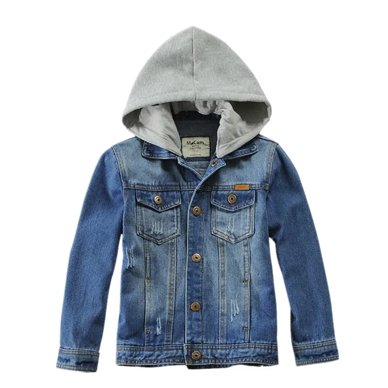 

Boys Distressed Denim Jacket Europe and America Fashion Children's Hooded Jean Outerwear For Kids Age 4-14 T Cowboy Coat