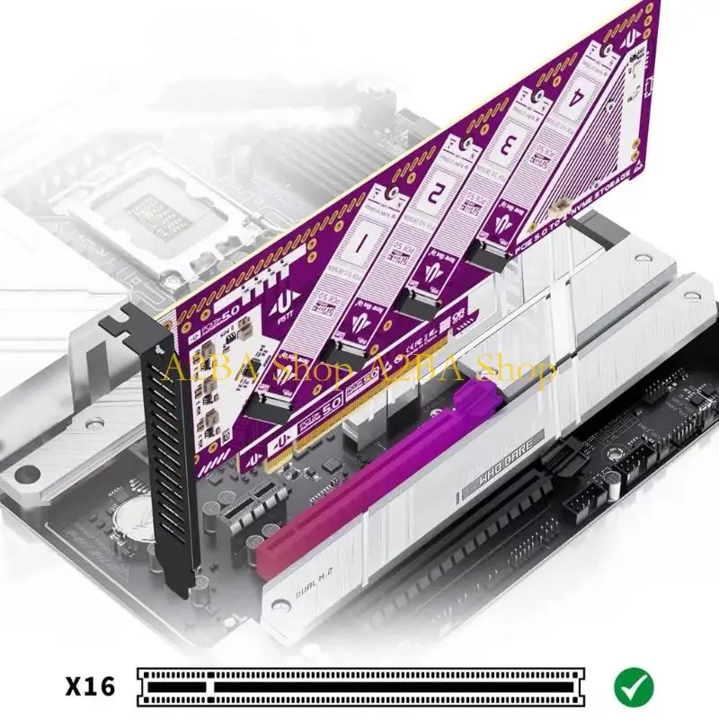 A2BA 4Port M.2 NVMe PCIe 5.0 Expansion Card 4 Bay Support 32GT/s Speed Enhanceds Thermal Design