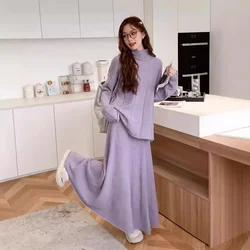 Women Two Pieces Knitted Dress Sets Turtleneck Jumpers Ankle Length Skirts Matching Sets Solid Loose Fit Casual Autumn 2024