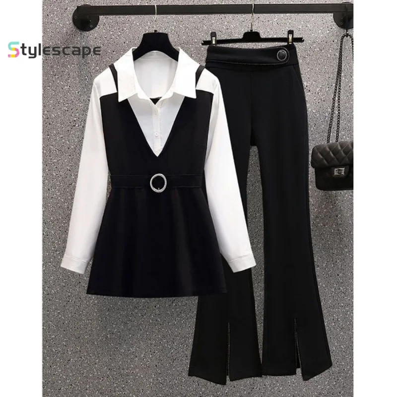 2024 Autumn Temperament Professional Suit New Plus Size Women's Clothing, Slimming Shirt, Micro Flared Pants Two-piece Set