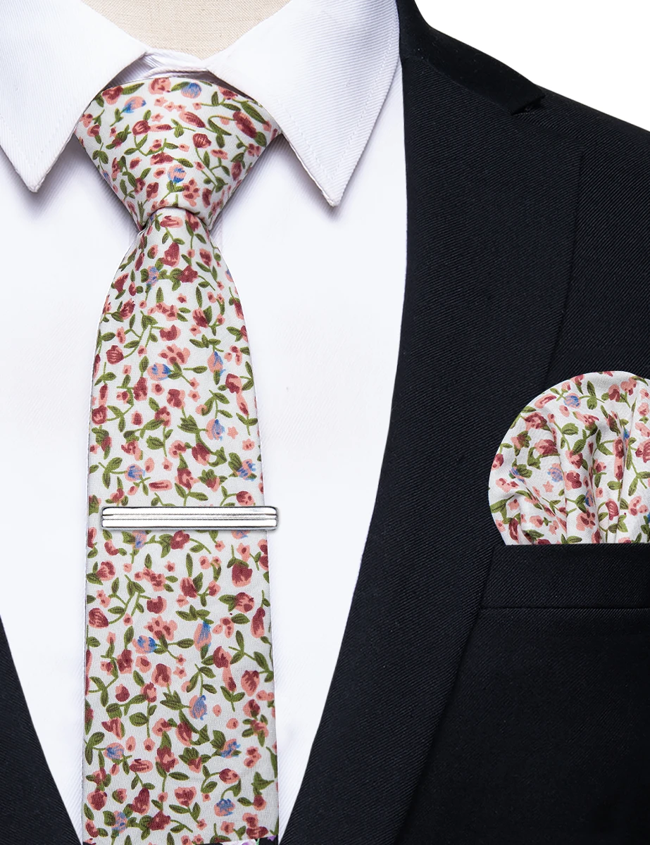 Retro White Floral Men\'s Tie Pocket Sqaure Clip Set Pink Flower Necktie for Men Wedding Party corbatas para hombre Free Shipping