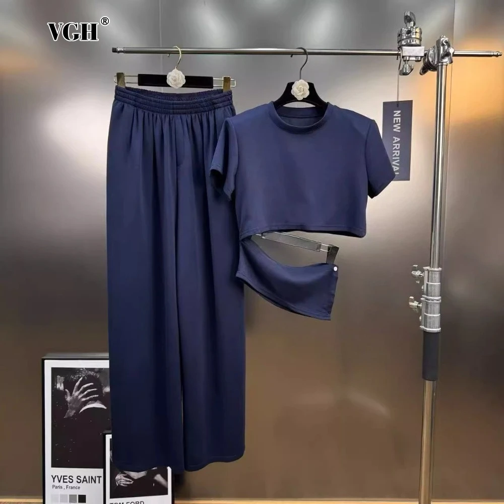 

VGH There Piece Set for Women O Neck Slim Short Sleeved T Shirt with Tube Top High Waist Wide Leg Pant Temperament Outfit Female