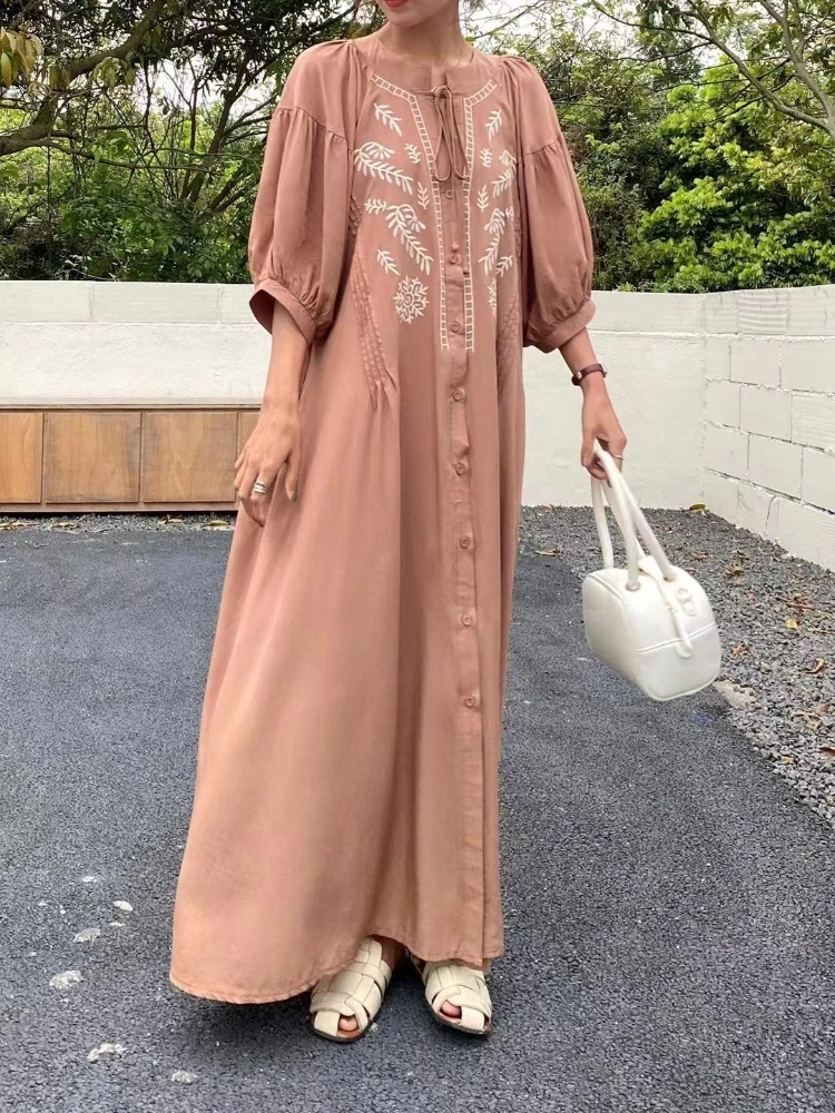 Luxury Court Style Buttons-down Embroidered Dress for Women Half Sleeves Casual Loose Fairy Long Dresses Boho Maxi Dresses