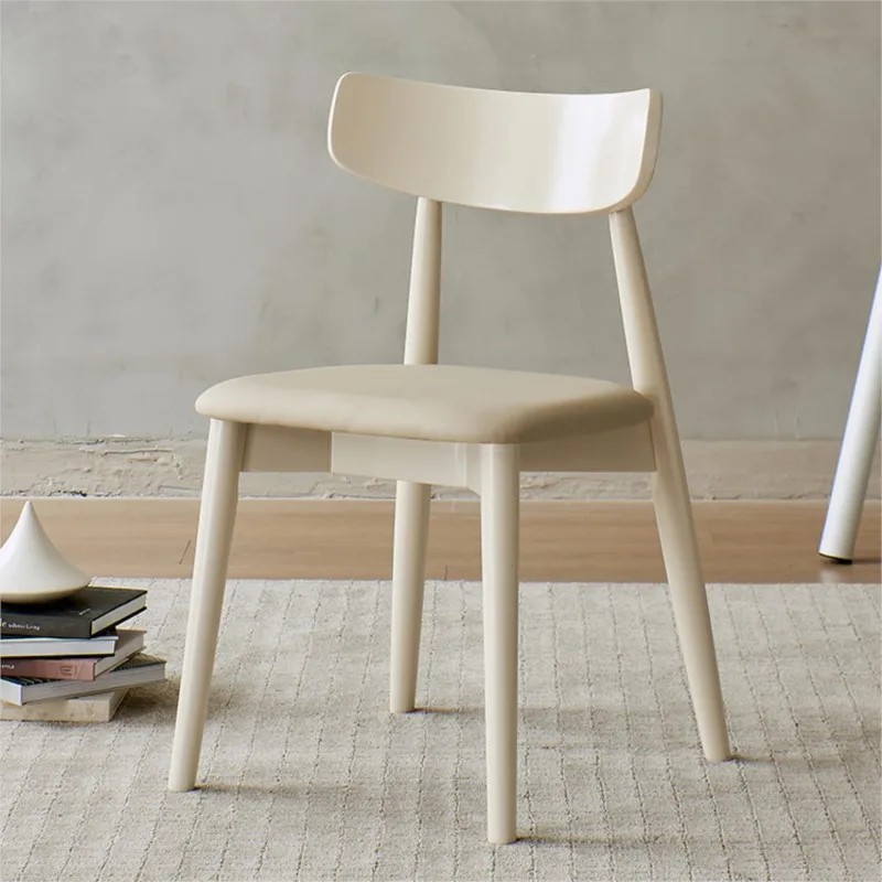 Nordic Cream Style Dining Chair Household Solid Wood Stool Modern Simple Leather Art Furniture White Light Luxury Makeup Chair