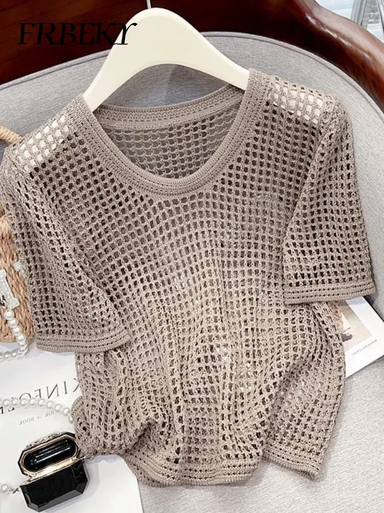 Streetwear Jumper Summer Hollow Thin Short Sleeve Loose Round Neck Knitwear Outerwears Oversized Sweater Women Korean Fashion