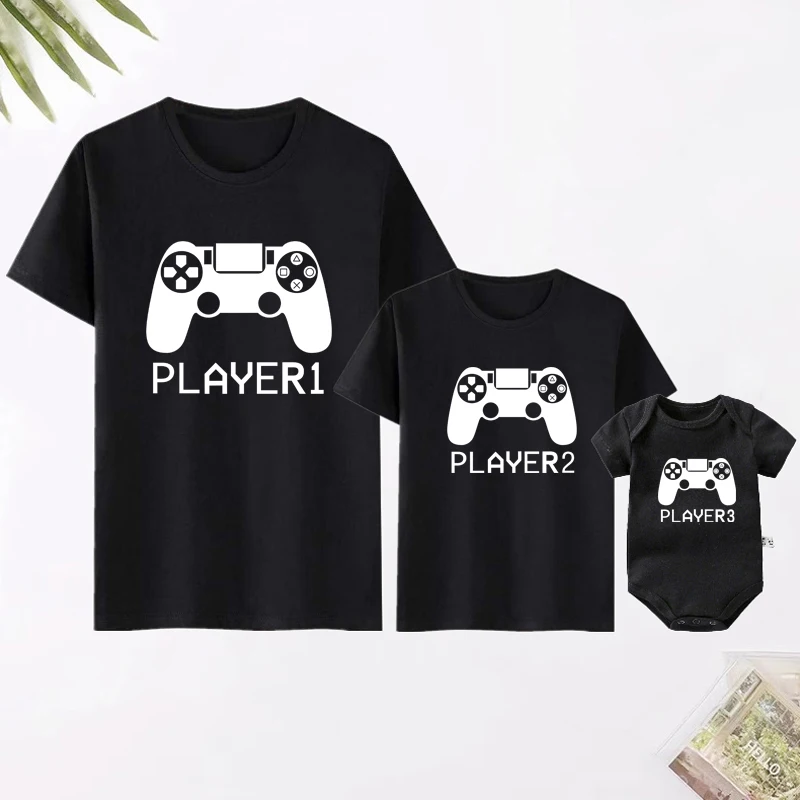 Player 1/2/3/4 Funny Father Daughter Son Family Look Shirt Cotton Short Sleeve Tee For Daddy Baby Romper Family Matching Clothes