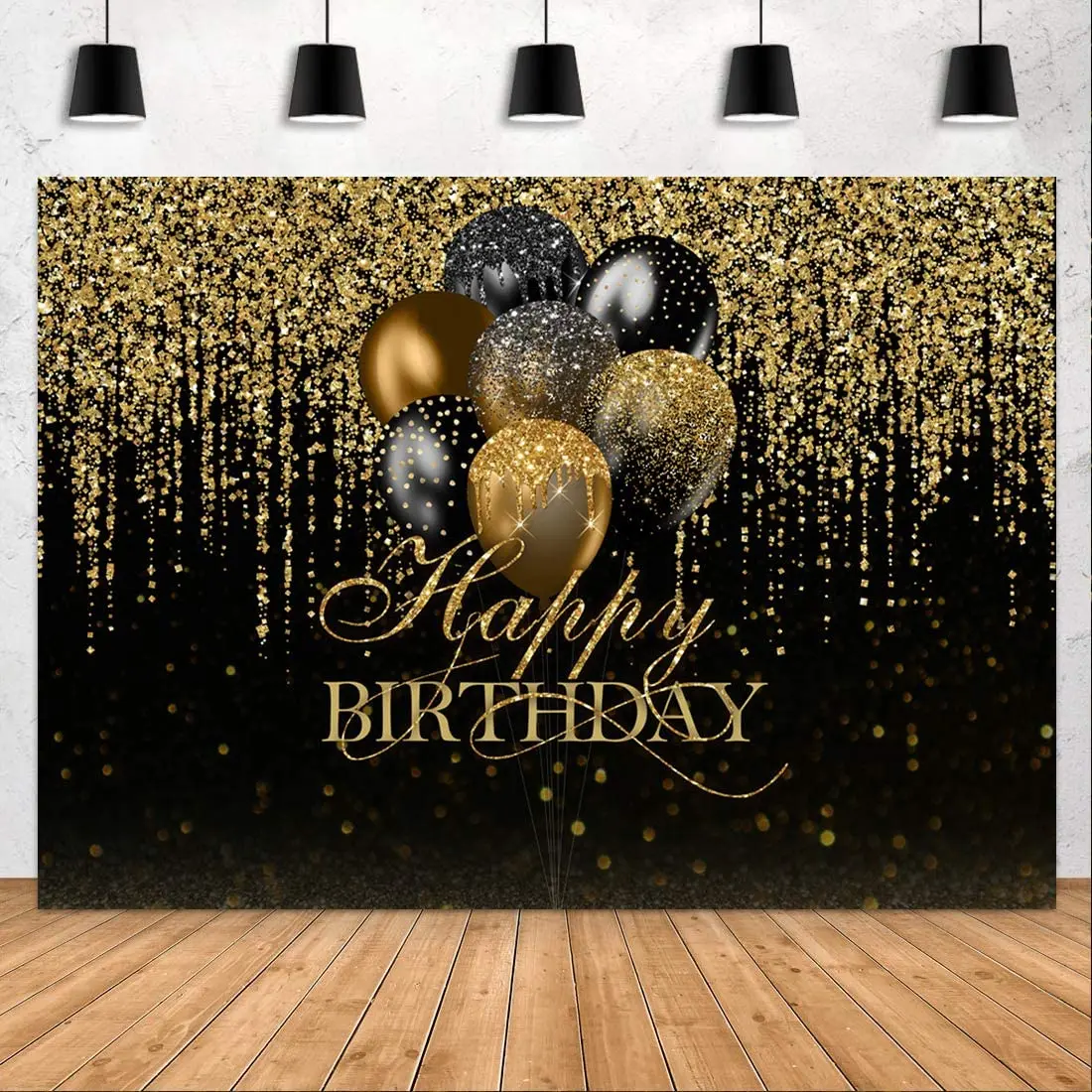 

Happy Birthday Background Glitter Black Gold Bokeh Balloons Golden Sparkle Sequin Spots Photography Backdrop Women Girl Banner