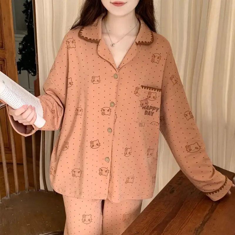 

Sanrio Hello Kitty Women's Pajamas Set Long Sleeve Korean Style New Spring Autumn High Cute Loose Kawaii Homewear Sleepwear