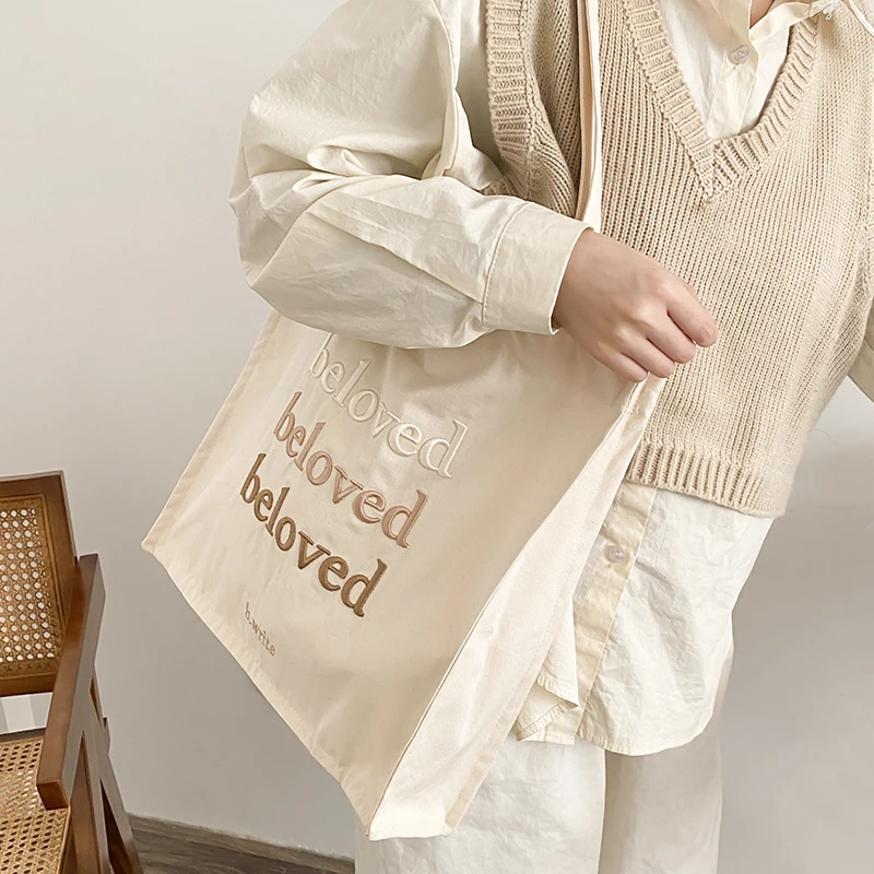 Bolso de lona para mujer, bolsas de compras diarias con bordado amado, bolsa de libros para estudiantes, bolsos de tela de algodón grueso, bolso de mano para niñas