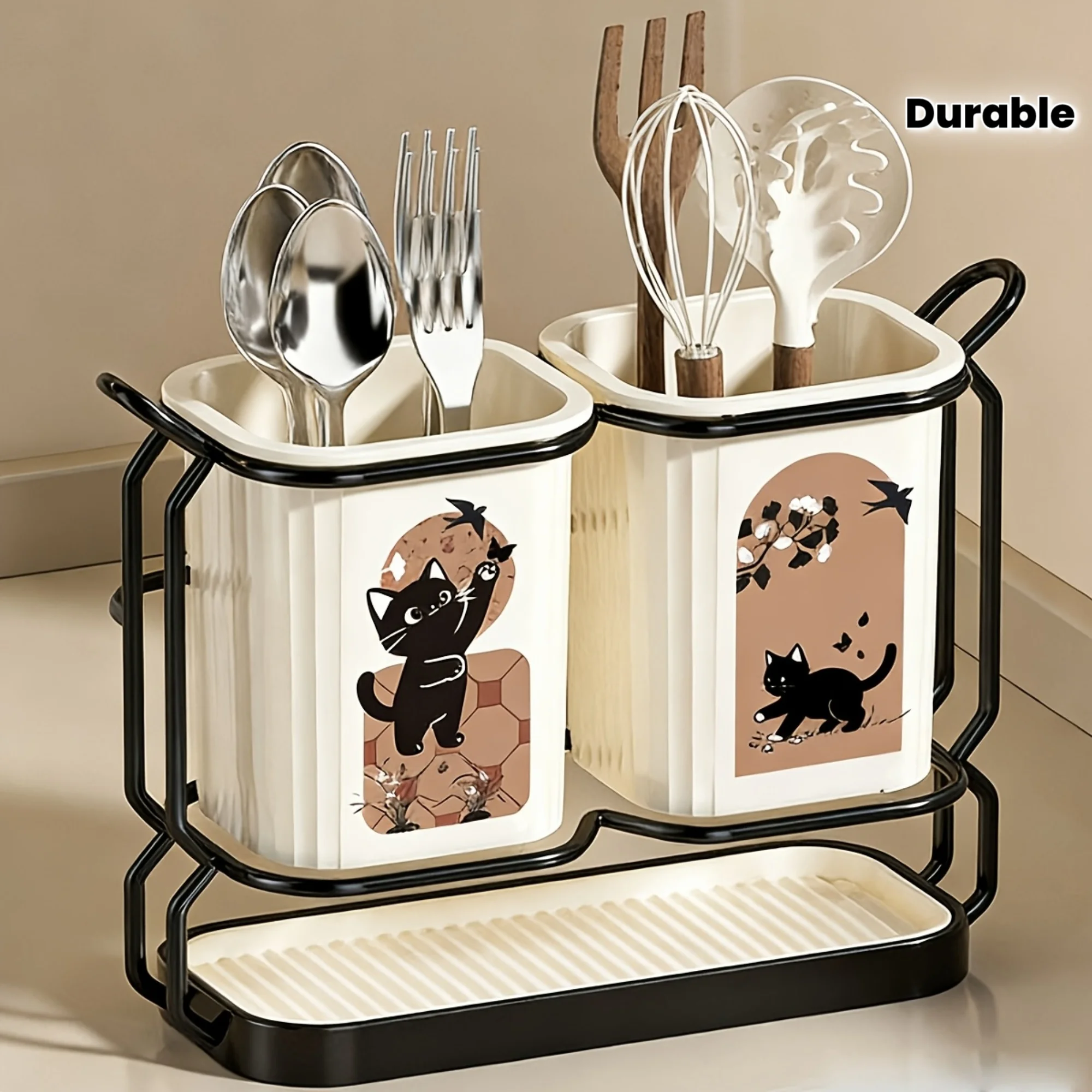 2-In-1 Countertop And Wall Mounted Storage Rack, Detachable Drip Tray, Cute Cat Pattern Design,Ideal for Storing Knives