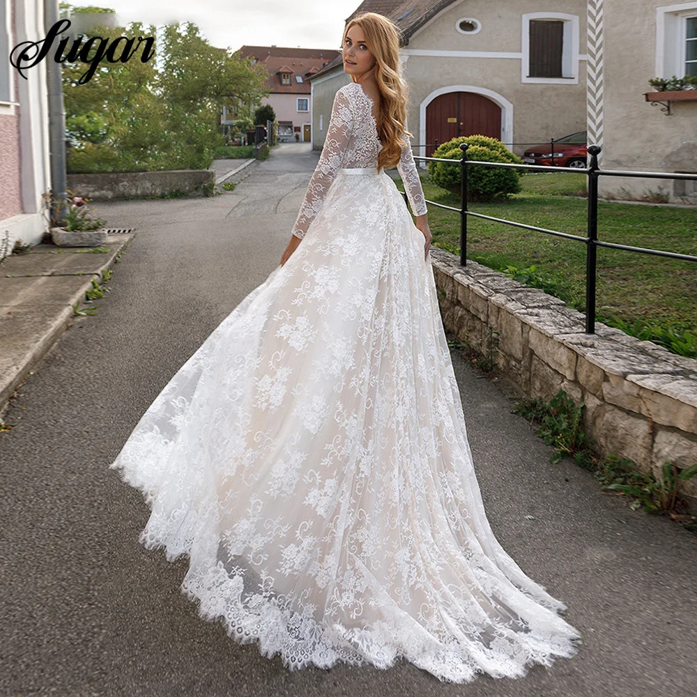 Lace Long Sleeve Wedding Dress 2024 Bridal Light Champagne Beach Bride Gown For Women Sweep Train A-line Bohemian vestido novia