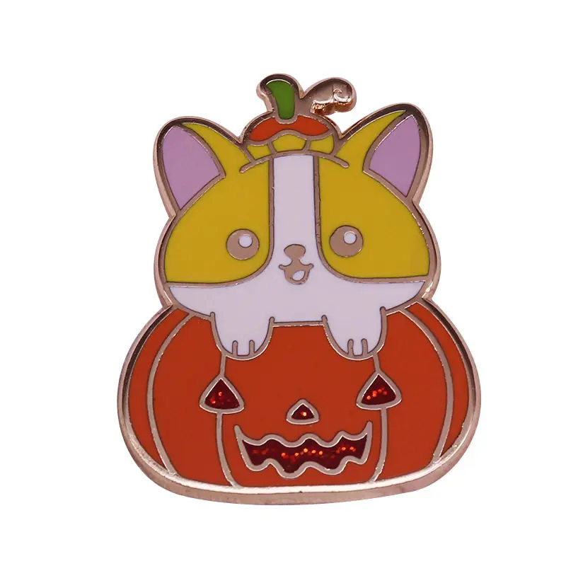Cute Puppy Pumpkin Glitter Brooches Custom Animal Soft Enamel Lapel Pins Metal Plated Badges Club Promotional Event Gifts