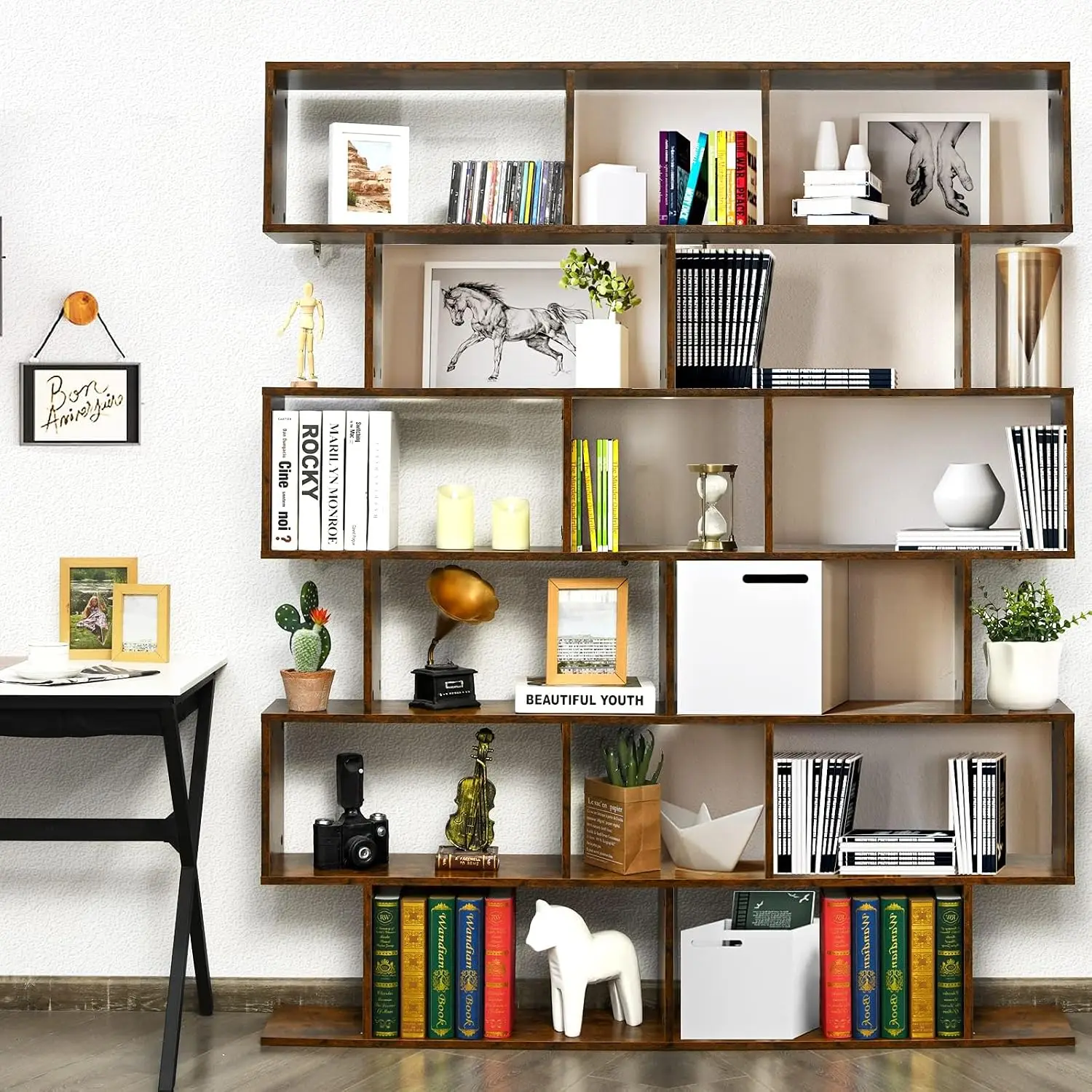6 Tier S Shaped Wooden Bookcase w/Anti-Toppling Device, Room Divider Shelf for Living Room Decor, 31.5